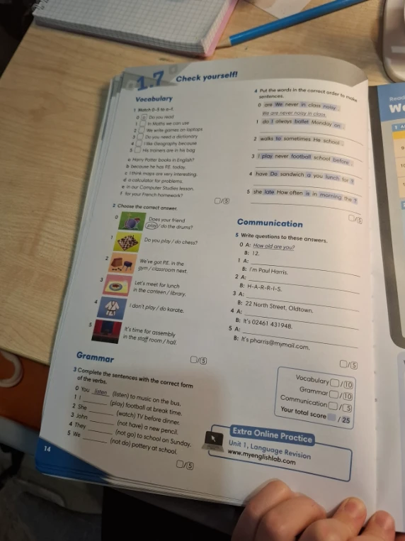 Выполните задания из раздела Check yourself!: Match 0-5 to a-f; Choose the correct answer; Complete the sentences with the correct form of the verbs; Put the words in the correct order; Write questions to these answers.