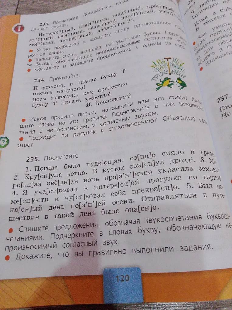 233. Прочитайте. Догадайтесь, какие буквы пропущены в данных словах. 234. Прочитайте. И ужасно, и опасно букву Т писать напрасно! Всем известно, как прелестно букву Т писать уместно! 235. Прочитайте. 1. Погода была чуде[сн]ая; со[лн]це сияло и грело.