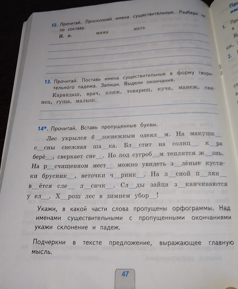 13. Прочитай. Поставь имена существительные в форму творительного падежа. Запиши. Выдели окончания. 14. Прочитай. Вставь пропущенные буквы.