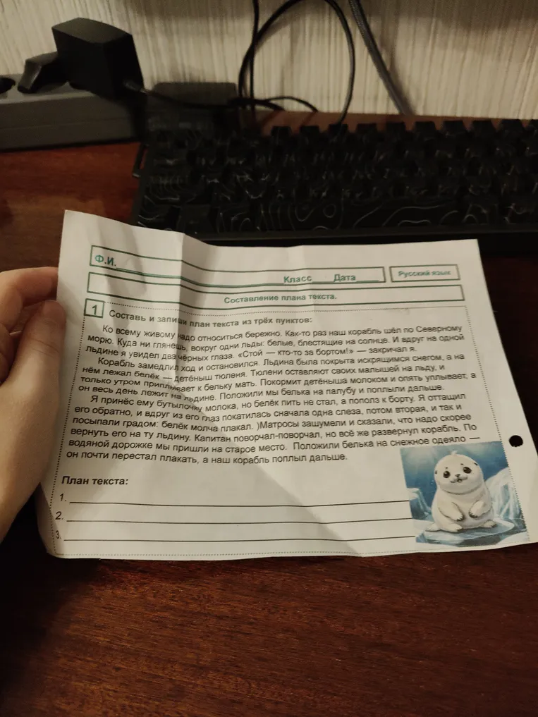 Составь и запиши план текста из трёх пунктов.