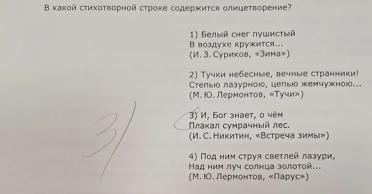 В какой стихотворной строке содержится олицетворение?