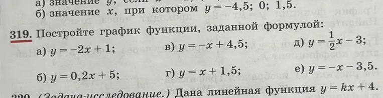 319. Постройте график функции, заданной формулой: а) y = -2x + 1; б) y = 0,2x + 5; в) y = -x + 4,5; г) y = x + 1,5; д) y = 1/2x - 3; е) y = -x - 3,5.
