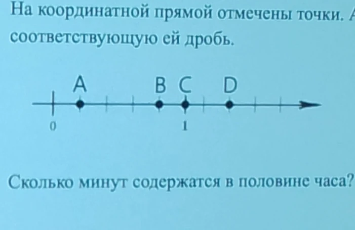 На координатной прямой отмечены точки. Под ними нужно записать соответствующую дробь. Сколько минут содержатся в половине часа?