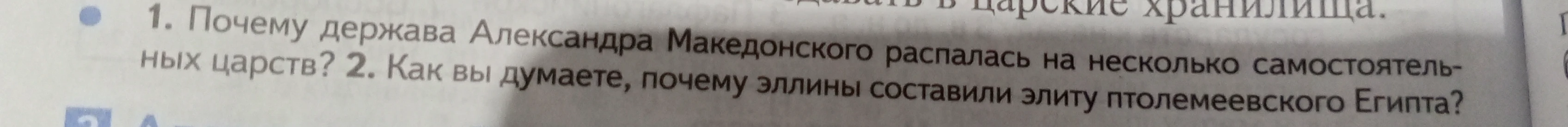 1. Почему держава Александра Македонского распалась на несколько самостоятельных царств? 2. Как вы думаете, почему эллины составили элиту птолемеевского Египта?