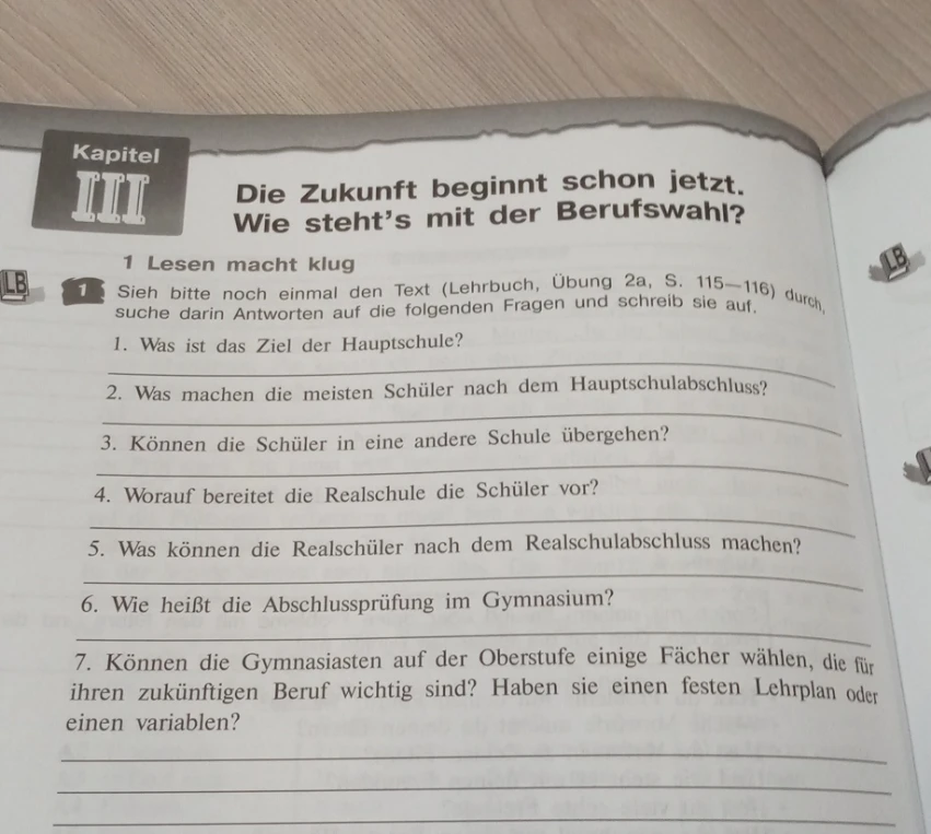 Sieh bitte noch einmal den Text (Lehrbuch, Übung 2a, S. 115—116) durch, suche darin Antworten auf die folgenden Fragen und schreib sie auf.