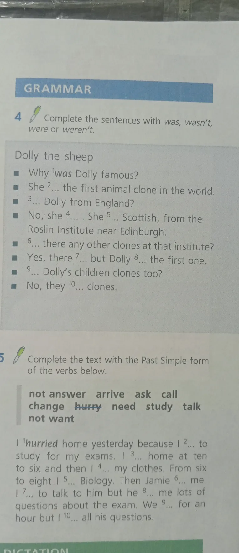 Complete the sentences with was, wasn't, were or weren't; Complete the text with the Past Simple form of the verbs below.