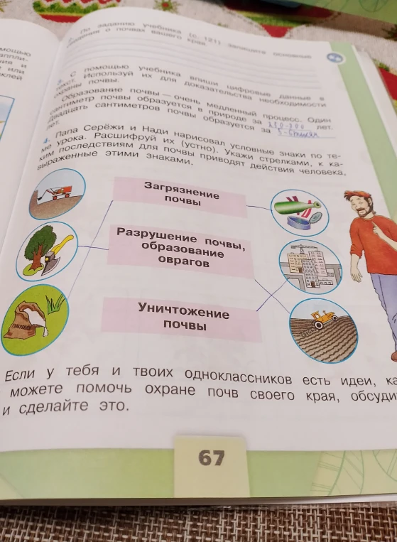 Укажи стрелками, к каким последствиям для почвы приводят действия человека, выраженные этими знаками.