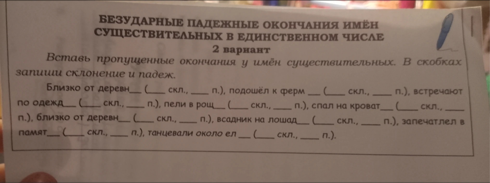 Вставь пропущенные окончания у имён существительных. В скобках запиши склонение и падеж.