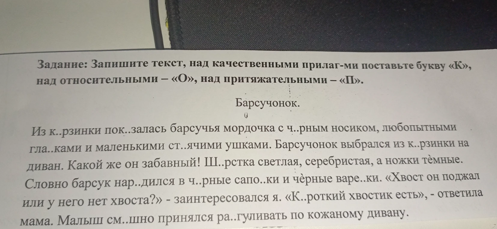 Запишите текст, над качественными прилагательными поставьте букву «К», над относительными — «О», над притяжательными — «П».