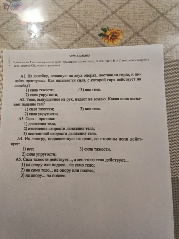 А1. На линейку, лежащую на двух опорах, поставили гирю, и линейка прогнулась. Как называется сила, с которой гиря действует на линейку?