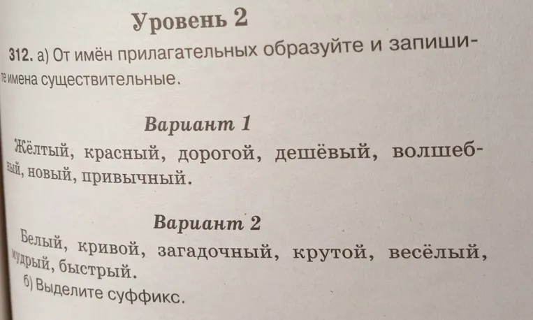 312. а) От имён прилагательных образуйте и запишите имена существительные. б) Выделите суффикс.