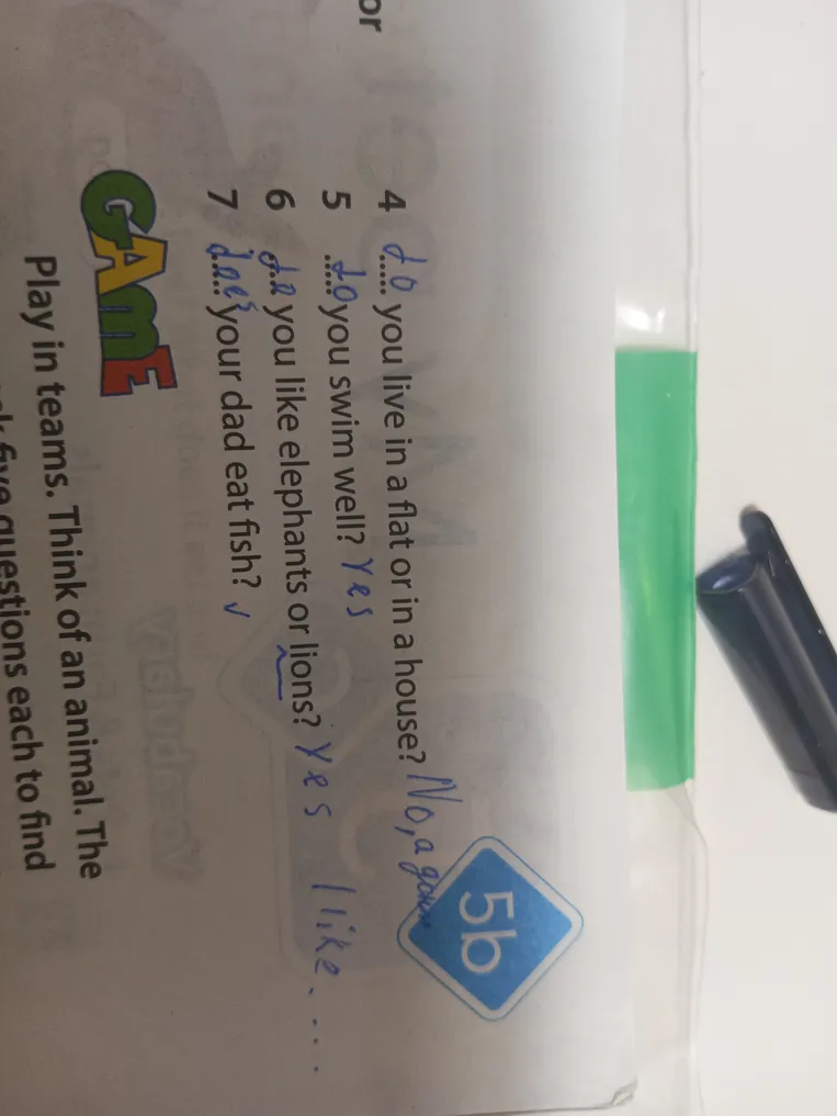 Вставьте вспомогательные глаголы Do/Does в предложения: 4 ... you live in a flat or in a house? 5 ... you swim well? 6 ... you like elephants or lions? 7 ... your dad eat fish?