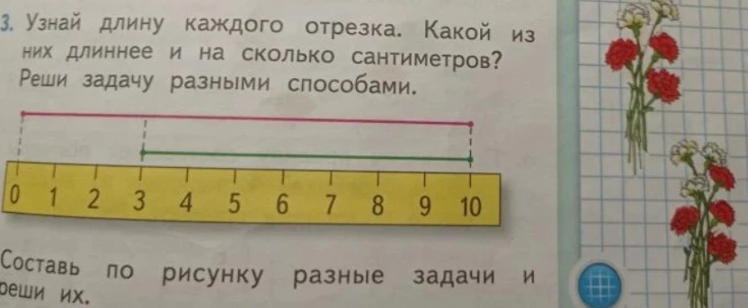 Узнай длину каждого отрезка. Какой из них длиннее и на сколько сантиметров? Реши задачу разными способами. Составь по рисунку разные задачи и реши их.