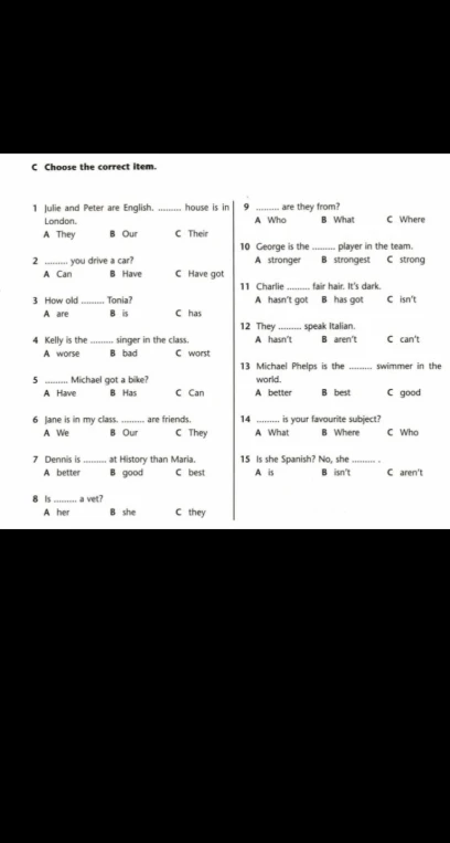 Choose the correct item. 1 Julie and Peter are English. ........ house is in London.