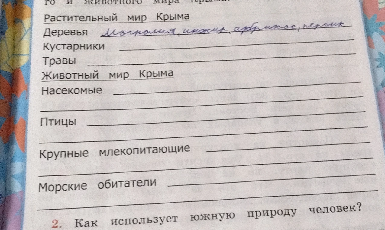 Заполните таблицу 'Растительный и животный мир Крыма' и ответьте на вопрос: Как использует южную природу человек?