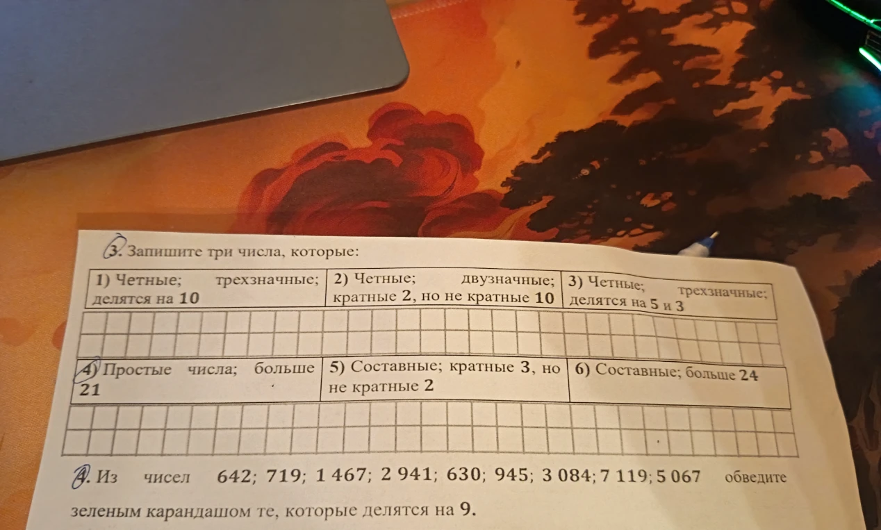 3. Запишите три числа, которые: 1) Четные; трехзначные; делятся на 10 2) Четные; двузначные; кратные 2, но не кратные 10 3) Четные; трехзначные; делятся на 5 и 3 4) Простые числа; больше 21 5) Составные; кратные 3, но не кратные 2 6) Составные; больше 24. 4. Из чисел 642; 719; 1 467; 2 941; 630; 945; 3 084; 7 119; 5 067 обведите зеленым карандашом те, которые делятся на 9.
