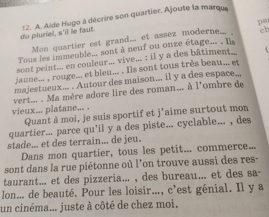 12. A. Aide Hugo à décrire son quartier. Ajoute la marque du pluriel, s'il le faut.