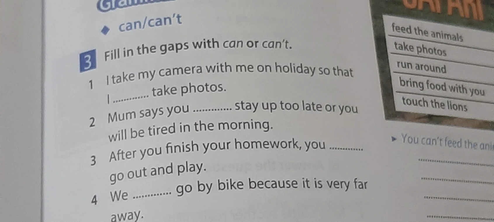 Fill in the gaps with can or can't.