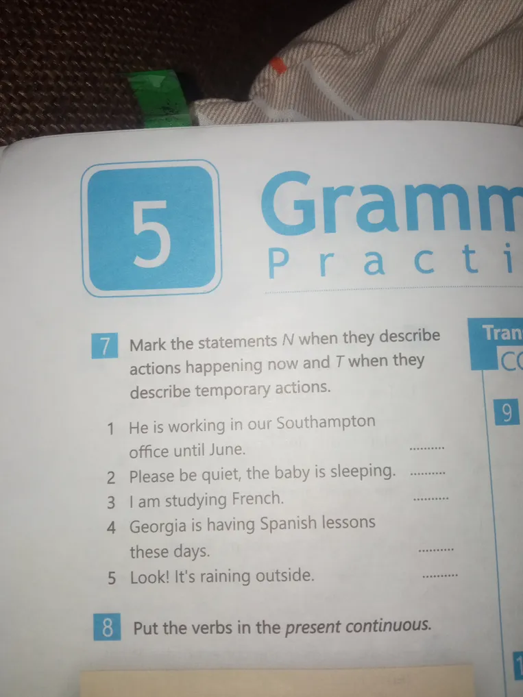 Mark the statements N when they describe actions happening now and T when they describe temporary actions.
