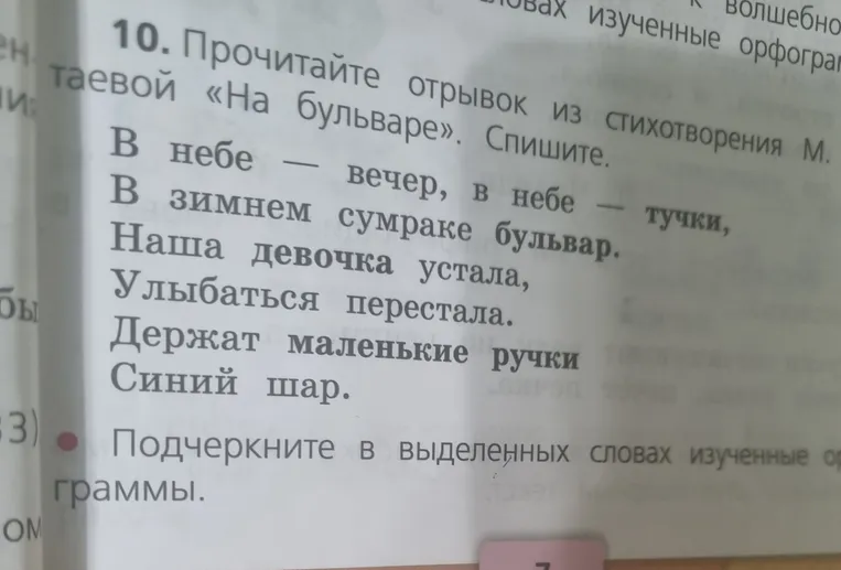 Прочитайте отрывок из стихотворения М. Цветаевой «На бульваре». Спишите. Подчеркните в выделенных словах изученные орфограммы.