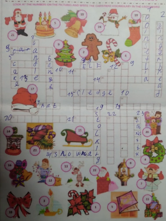 Look at the numbers on the pictures and write the Christmas vocabulary in the crossword