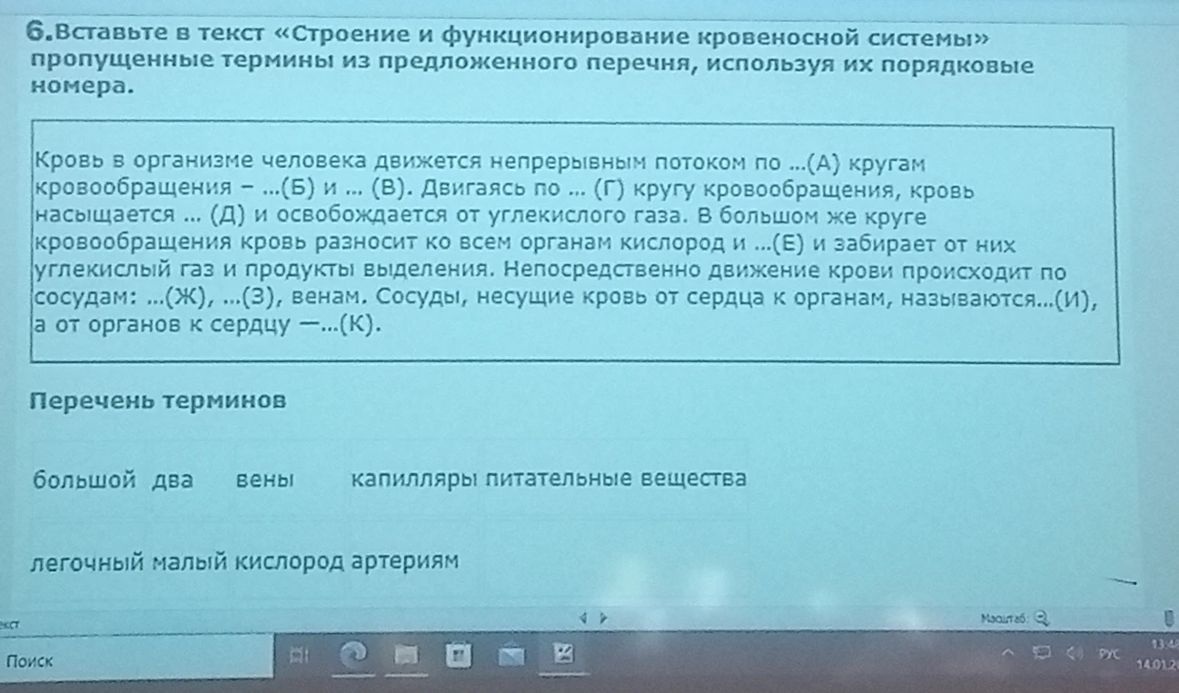 Вставьте в текст «Строение и функционирование кровеносной системы» пропущенные термины из предложенного перечня, используя их порядковые номера.