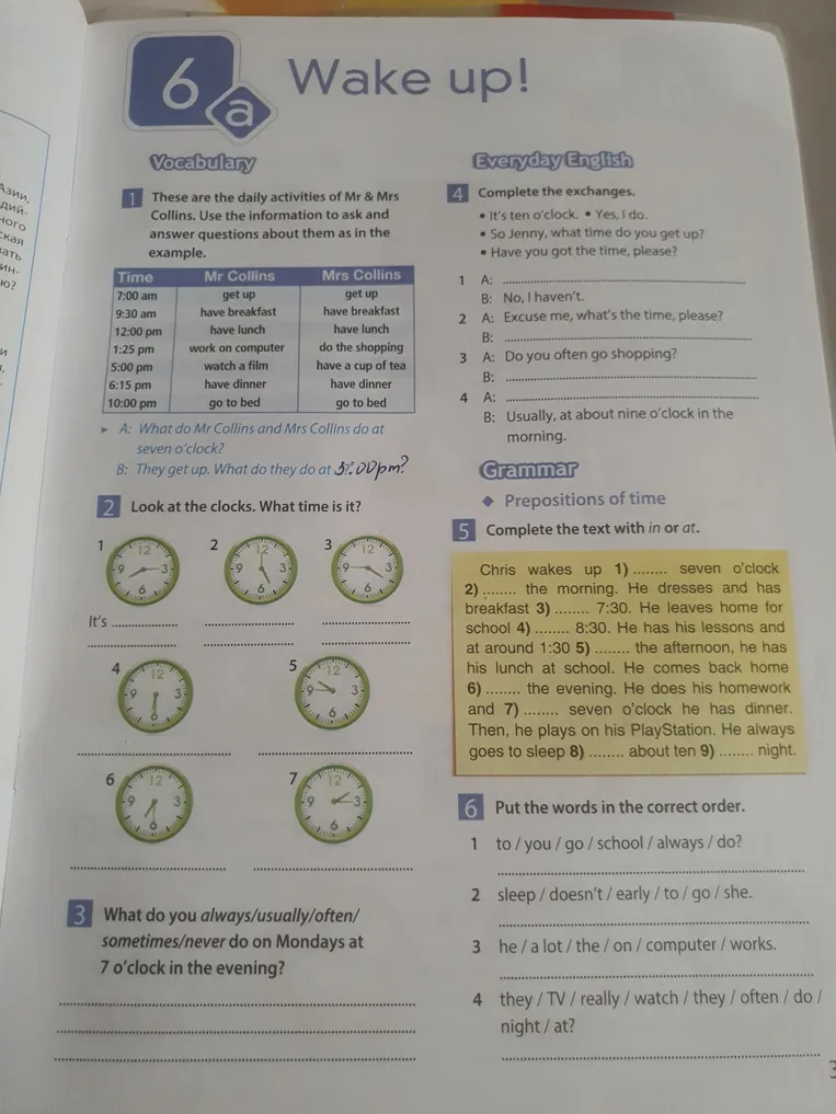 Look at the clocks. What time is it? Complete the text with in or at. Put the words in the correct order.