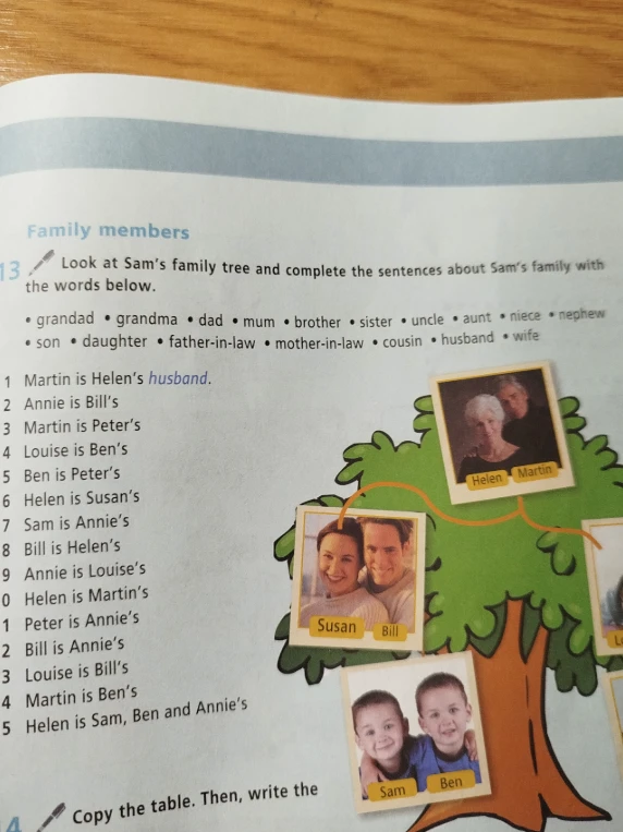 Look at Sam's family tree and complete the sentences about Sam's family with the words below.
