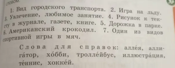 1. Вид городского транспорта. 2. Игра на льду. 3. Увлечение, любимое занятие. 4. Рисунок к тексту в журнале, газете, книге. 5. Дорожка в парке. 6. Американский крокодил. 7. Один из видов спортивной игры в мяч.