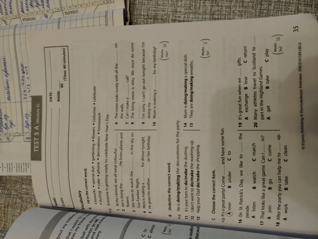 Выполните задания теста 5 A (Module 5): A Fill in the correct word, B Underline the correct word, C Choose the correct item.