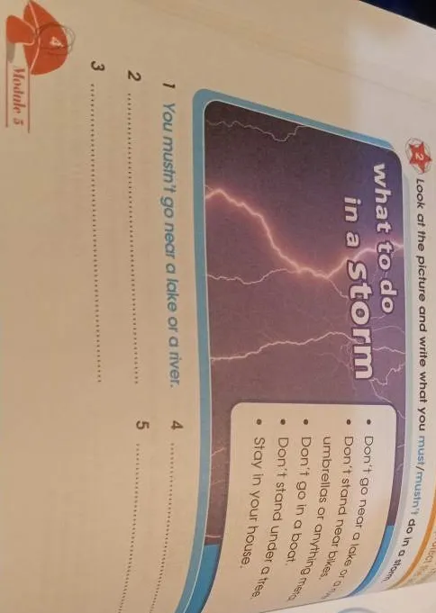 Look at the picture and write what you must/mustn't do in a storm. Read and write the sentences in the right box.
