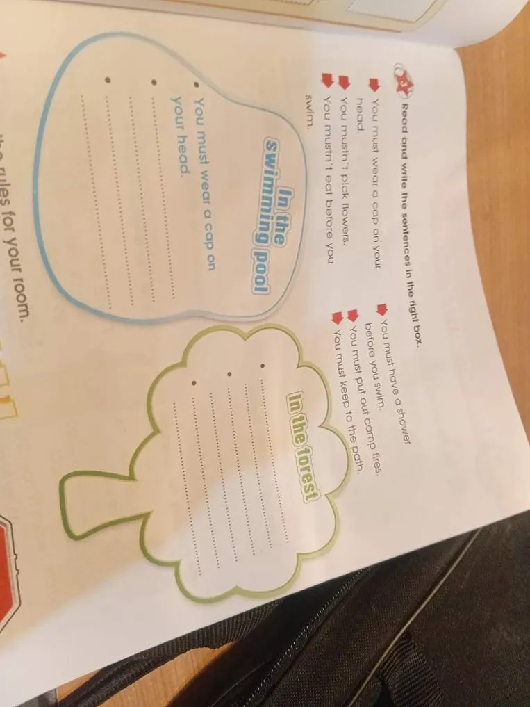 Look at the picture and write what you must/mustn't do in a storm. Read and write the sentences in the right box.