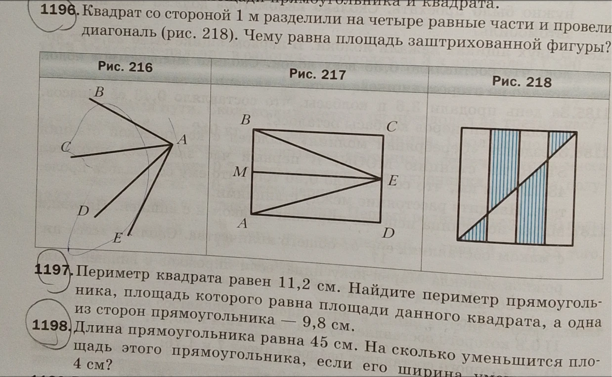 1196. Квадрат со стороной 1 м разделили на четыре равные части и провели диагональ (рис. 218). Чему равна площадь заштрихованной фигуры?