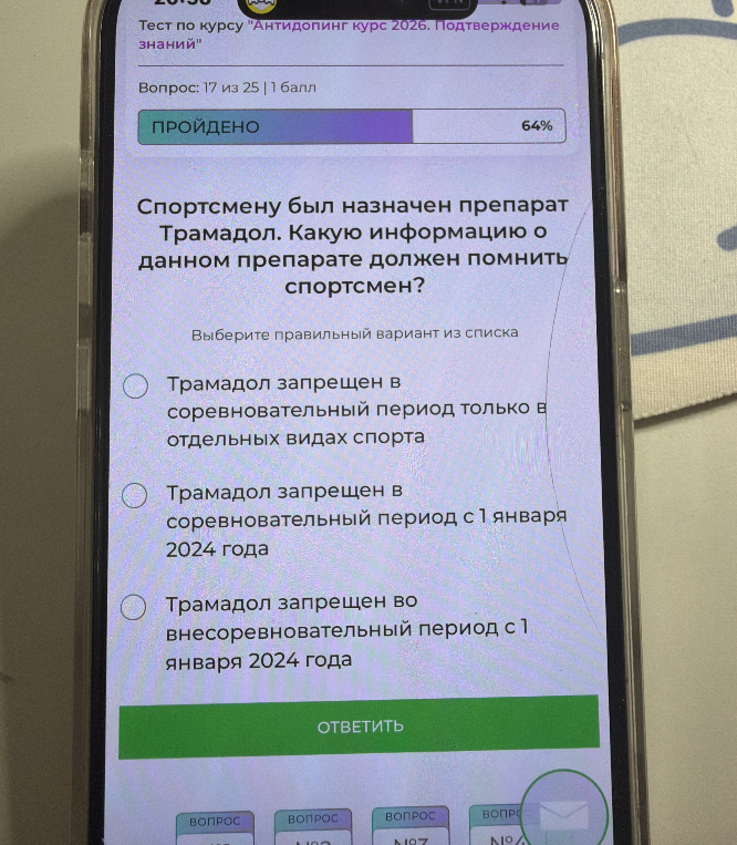 Спортсмену был назначен препарат Трамадол. Какую информацию о данном препарате должен помнить спортсмен?