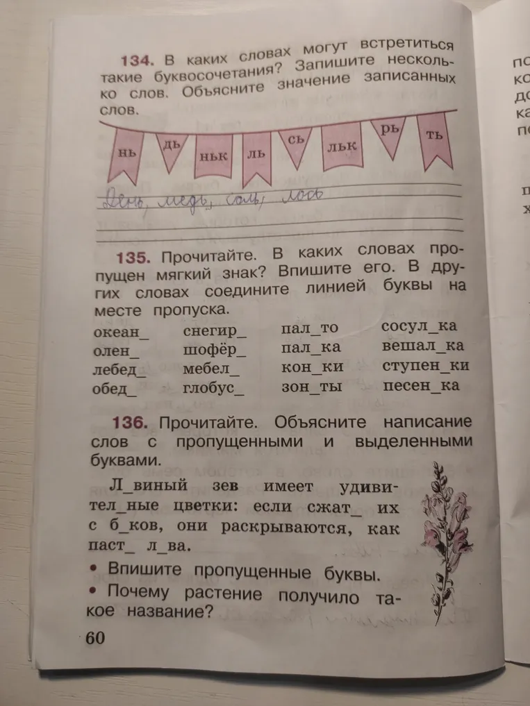 134. В каких словах могут встретиться такие буквосочетания? Запишите несколько слов. Объясните значение записанных слов. 135. Прочитайте. В каких словах пропущен мягкий знак? 136. Прочитайте. Объясните написание слов с пропущенными и выделенными буквами.