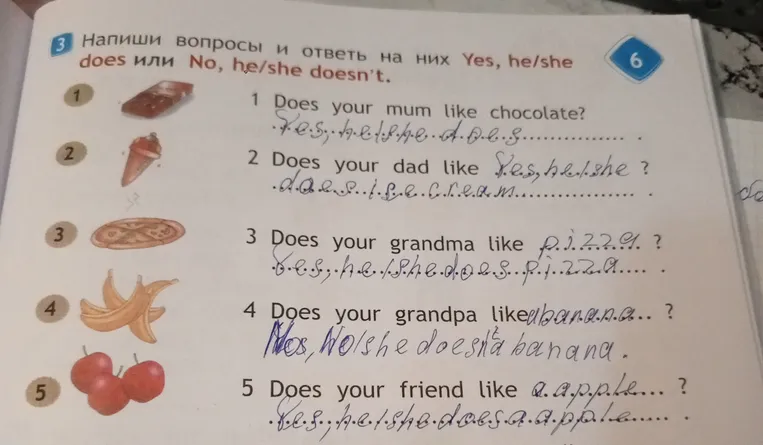 Напиши вопросы и ответь на них Yes, he/she does или No, he/she doesn't.