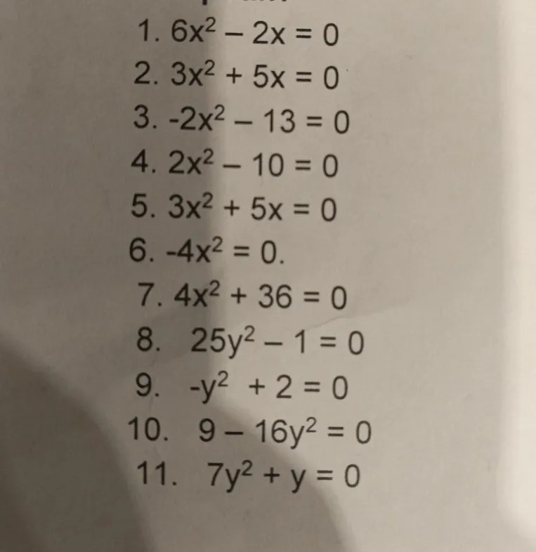 Решите неполные квадратные уравнения: 1. 6x^2 - 2x = 0; 2. 3x^2 + 5x = 0; 3. -2x^2 - 13 = 0; 4. 2x^2 - 10 = 0; 5. 3x^2 + 5x = 0; 6. -4x^2 = 0; 7. 4x^2 + 36 = 0; 8. 25y^2 - 1 = 0; 9. -y^2 + 2 = 0; 10. 9 - 16y^2 = 0; 11. 7y^2 + y = 0