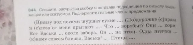 844. Спишите, раскрывая скобки и вставляя подходящее по смыслу подлежащее или сказуемое. Подчеркните главные члены предложения.