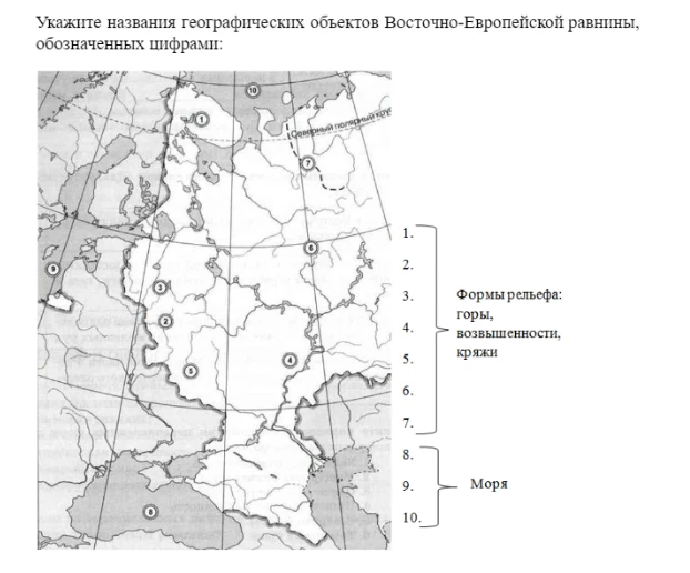 Укажите названия географических объектов Восточно-Европейской равнины, обозначенных цифрами