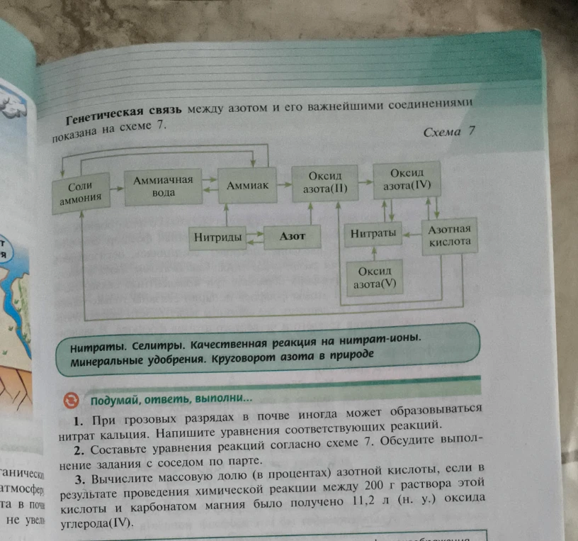 1. При грозовых разрядах в почве иногда может образовываться нитрат кальция. Напишите уравнения соответствующих реакций. 2. Составьте уравнения реакций согласно схеме 7. 3. Вычислите массовую долю (в процентах) азотной кислоты, если в результате проведения химической реакции между 200 г раствора этой кислоты и карбонатом магния было получено 11,2 л (н. у.) оксида углерода(IV).