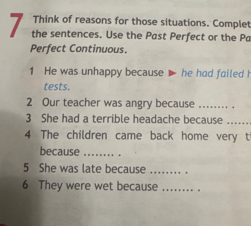 Think of reasons for those situations. Complete the sentences. Use the Past Perfect or the Past Perfect Continuous.