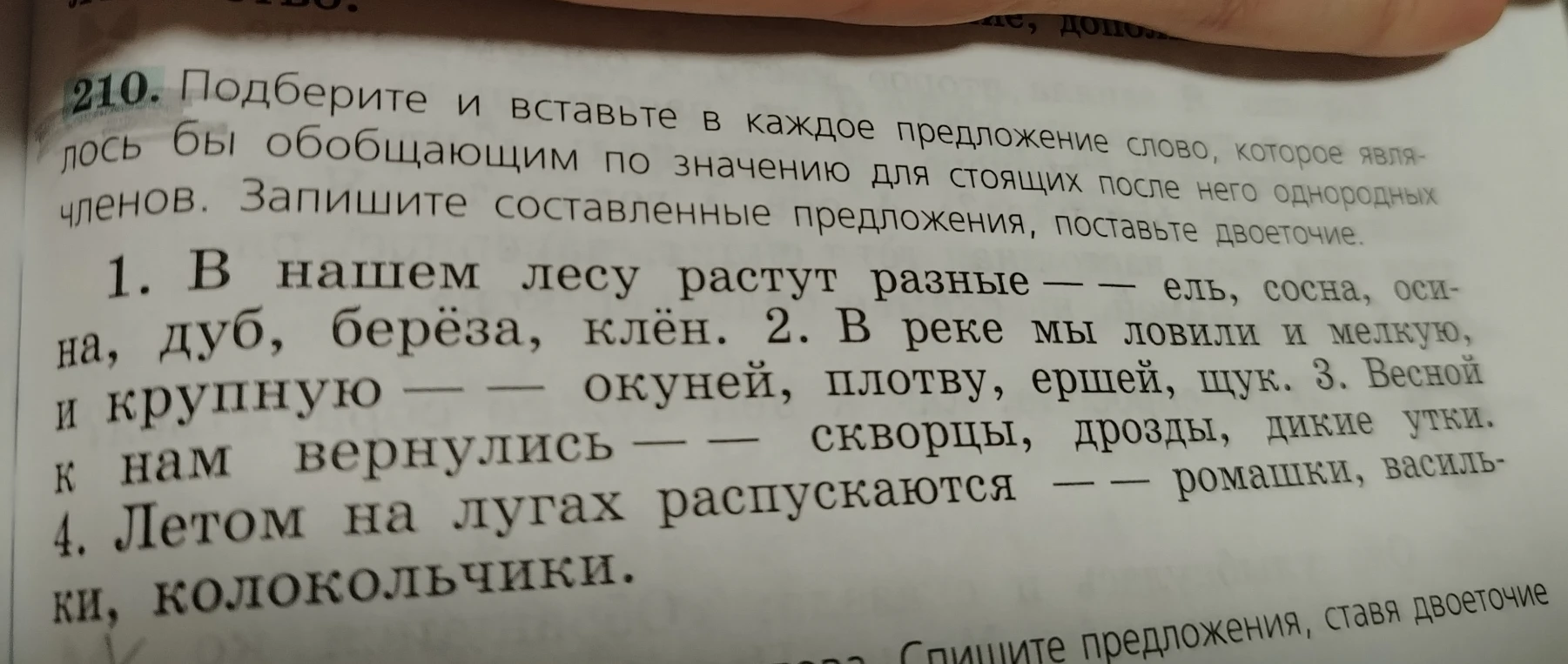 Подберите и вставьте в каждое предложение слово, которое являлось бы обобщающим по значению для стоящих после него однородных членов. Запишите составленные предложения, поставьте двоеточие.
