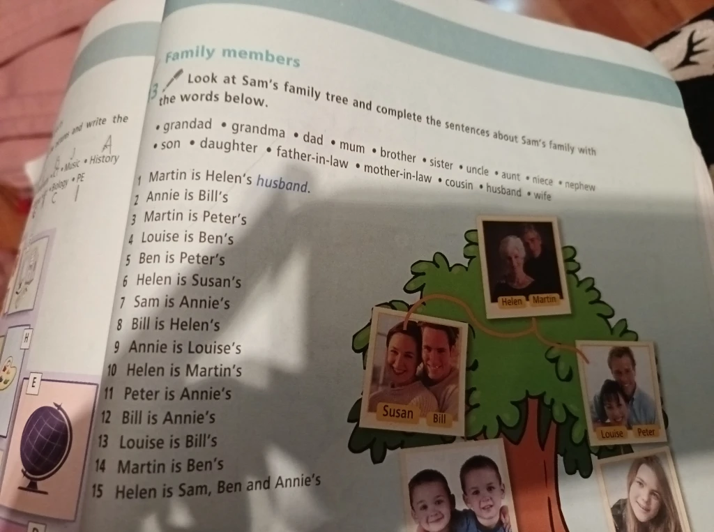 Look at Sam's family tree and complete the sentences about Sam's family with the words below.