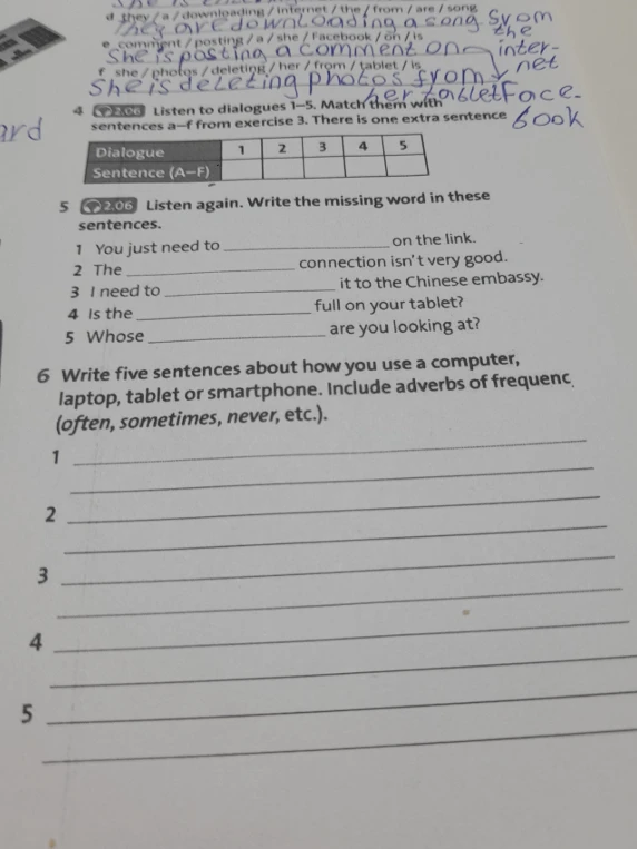 Write five sentences about how you use a computer, laptop, tablet or smartphone. Include adverbs of frequency (often, sometimes, never, etc.).