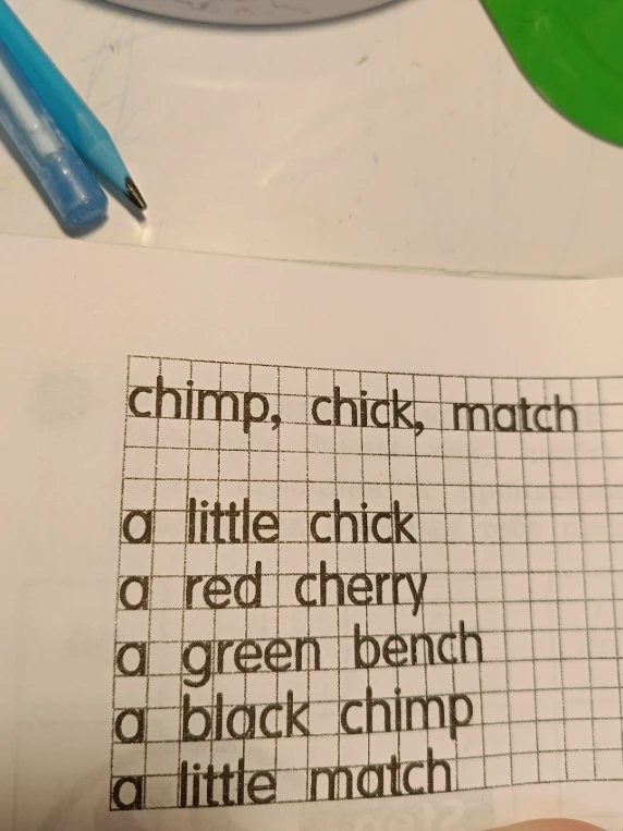 chimp, chick, match. a little chick, a red cherry, a green bench, a black chimp, a little match
