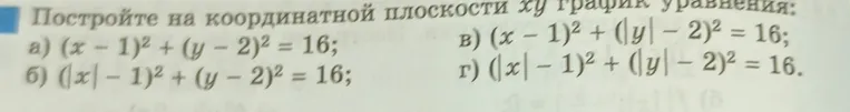 Постройте на координатной плоскости xy график уравнения: а) (x - 1)² + (y - 2)² = 16; б) (|x| - 1)² + (y - 2)² = 16; в) (x - 1)² + (|y| - 2)² = 16; г) (|x| - 1)² + (|y| - 2)² = 16.
