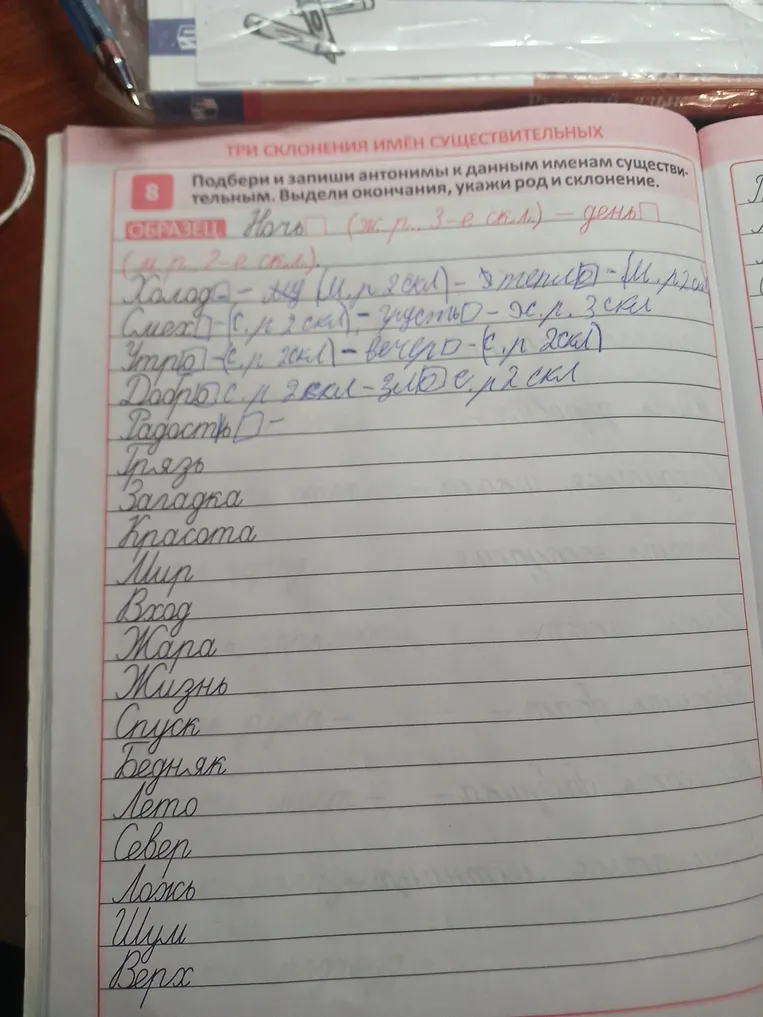 Подбери и запиши антонимы к данным именам существительным. Выдели окончания, укажи род и склонение.