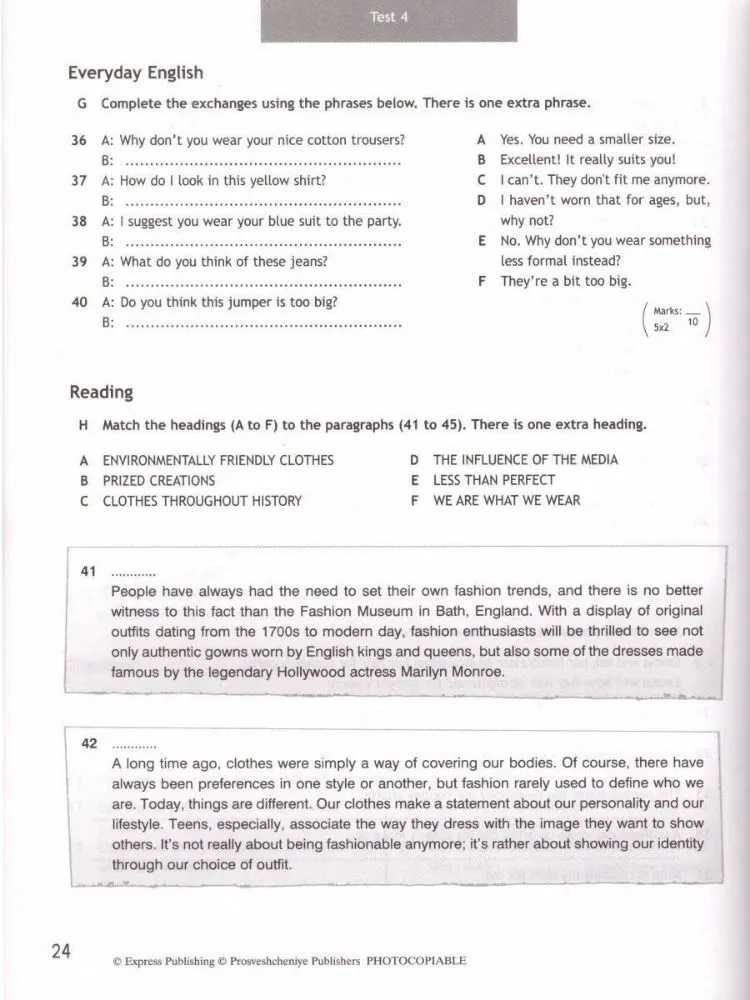 G Complete the exchanges using the phrases below. H Match the headings (A to F) to the paragraphs (41 to 45).