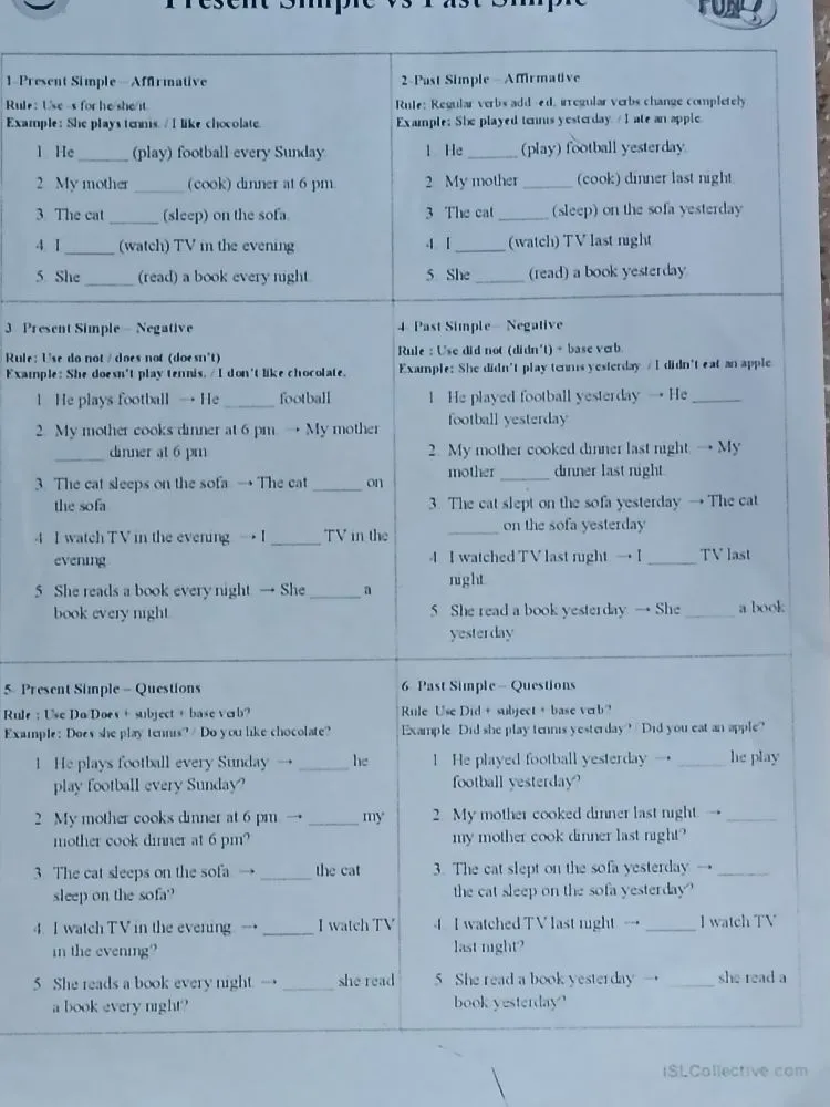 Заполните пропуски в упражнениях на Present Simple vs Past Simple (Affirmative, Negative, Questions).