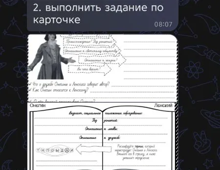 Выполнить задание по карточке: сравнение Онегина и Ленского, расшифровка термина из анаграммы.
